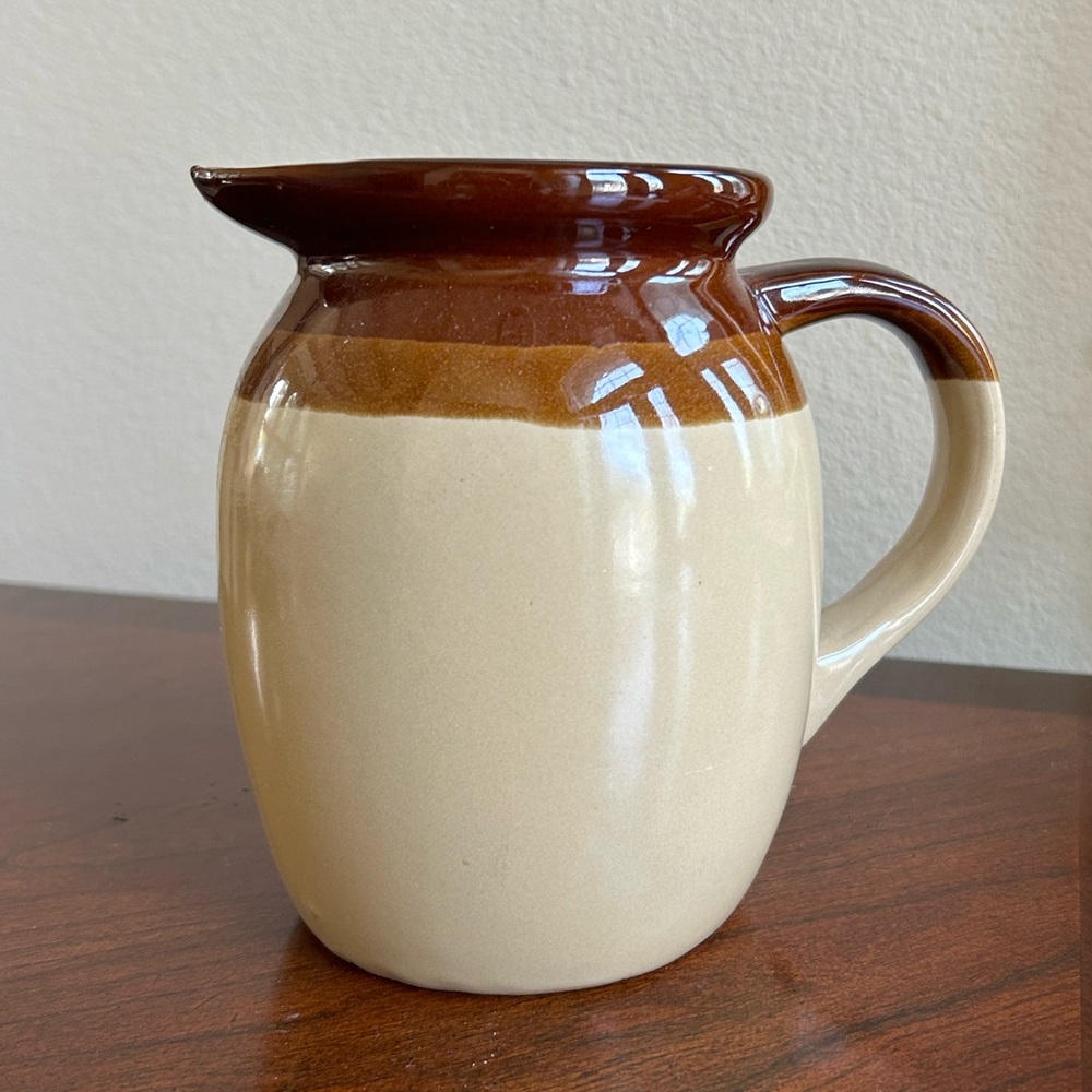 Vintage brown and tan glazed pottery pitcher